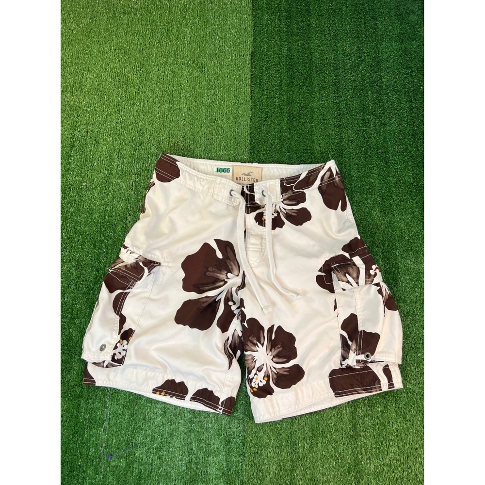Hollister Mens Cream Hibiscus Floral Cargo Board Shorts White Size 30